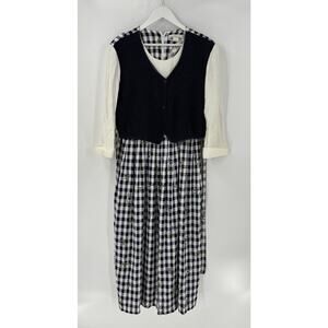 Allison Che Vintage Dress Womens 16 Blue White Check Print Maxi Vest Ruffles